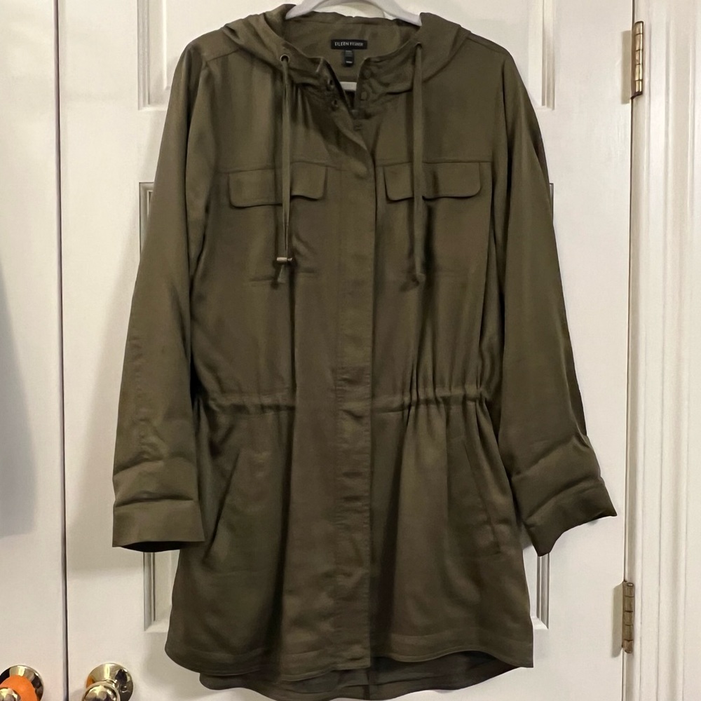 Eileen Fisher Utility Jacket with Drawstring & Hood -Olive- Size Med